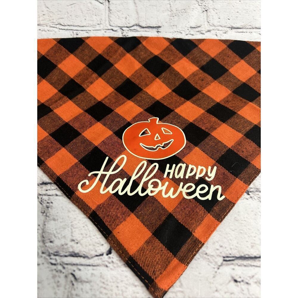 Happy Halloween Flannel Orange And Black Buffalo Plaid‎ Dog Pet Bandana 26”x17”